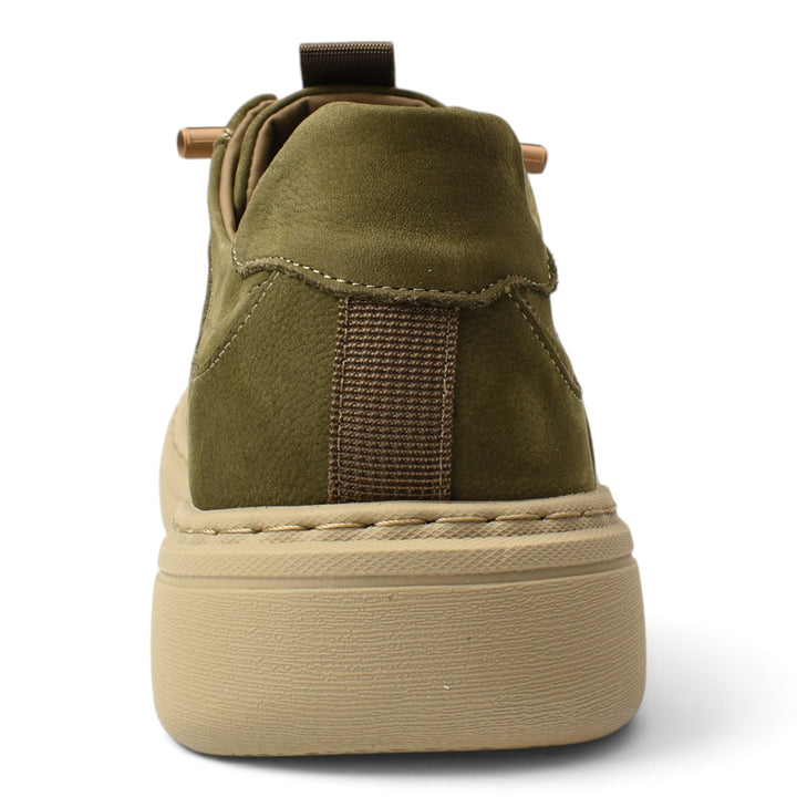 ada-shoes.ro khaki leather sneakers with a thick beige sole, viewed from the back showing textured heel detail