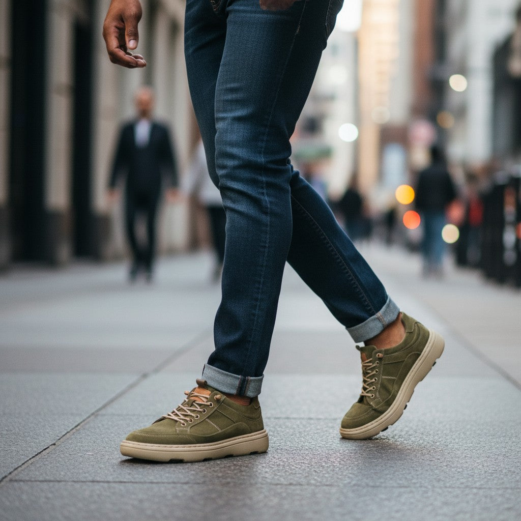ada-shoes.ro khaki leather sneakers with lace-up closure and flexible sole worn by a man on a city street