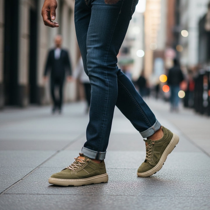 ada-shoes.ro khaki leather sneakers with lace-up closure and flexible sole worn by a man on a city street