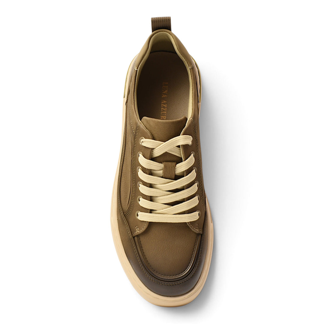 ada-shoes.ro Franco Gerardo khaki leather sneakers with beige laces and a flexible stitched sole, top view.