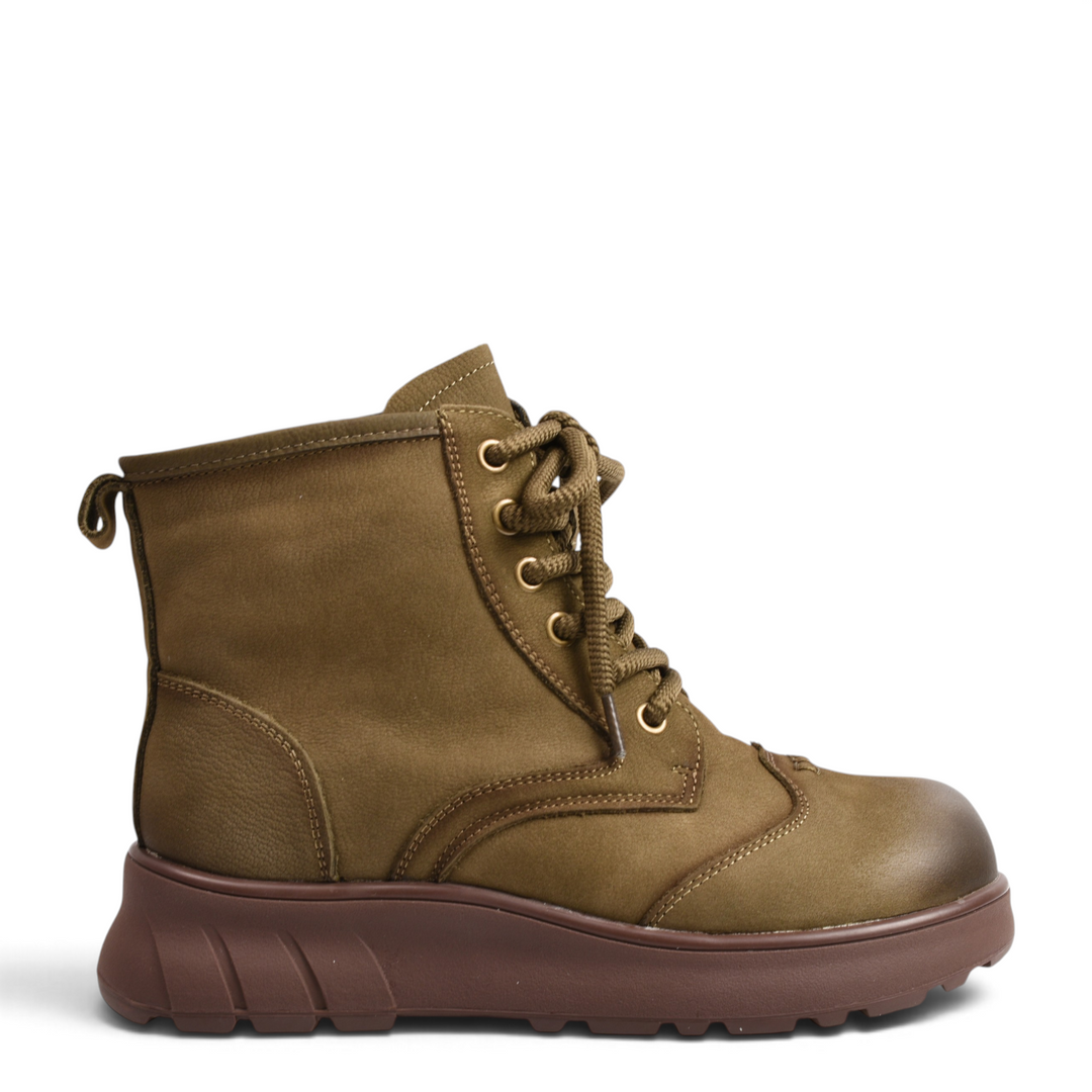 ada-shoes.ro khaki nubuck leather ankle boots with thick brown sole and lace-up closure, side view