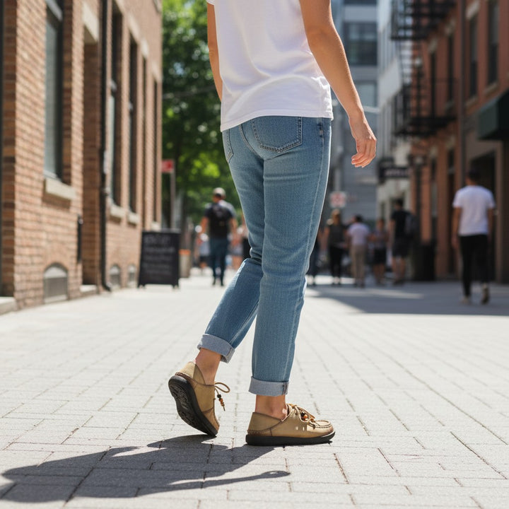 ada-shoes.ro khaki nubuck leather casual shoes with laces worn by a woman walking on a city street