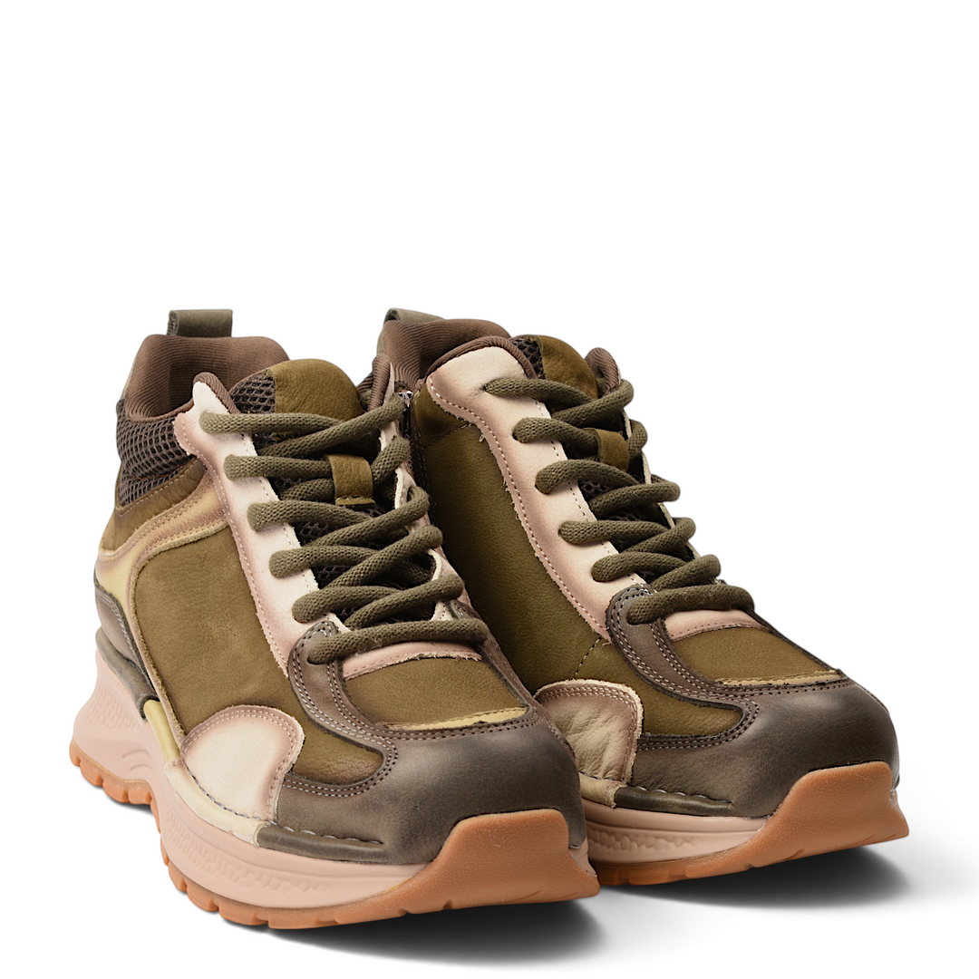 ada-shoes.ro 8001-K khaki nubuck leather sneakers with lace-up and zipper closure and a thick rubber sole