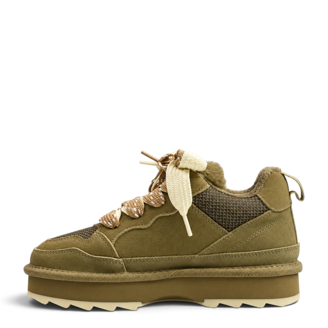 ada-shoes.ro Anna Viotti khaki suede chunky sneakers with platform sole, fur lining, and patterned laces