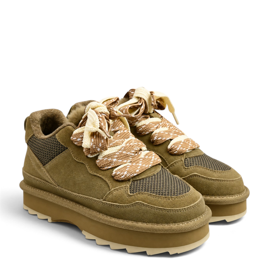 ada-shoes.ro Anna Viotti chunky sneakers in khaki suede and textile with thick geometric laces and platform sole