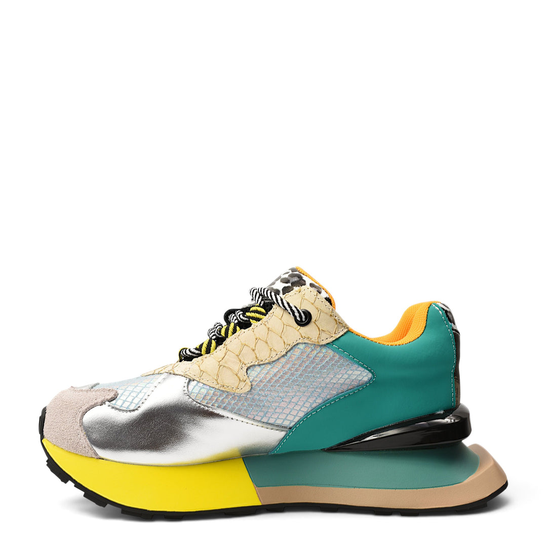 ada-shoes.ro vibrant multi-colored leather sneakers with metallic silver, teal, and yellow panels and lace-up closure