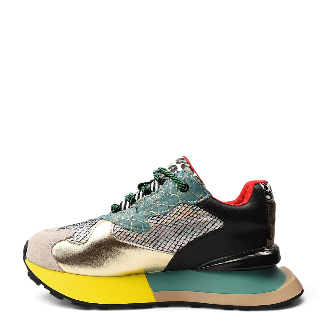 ada-shoes.ro multi-colored leather sneakers with metallic gold, black, and teal panels and a chunky yellow sole.