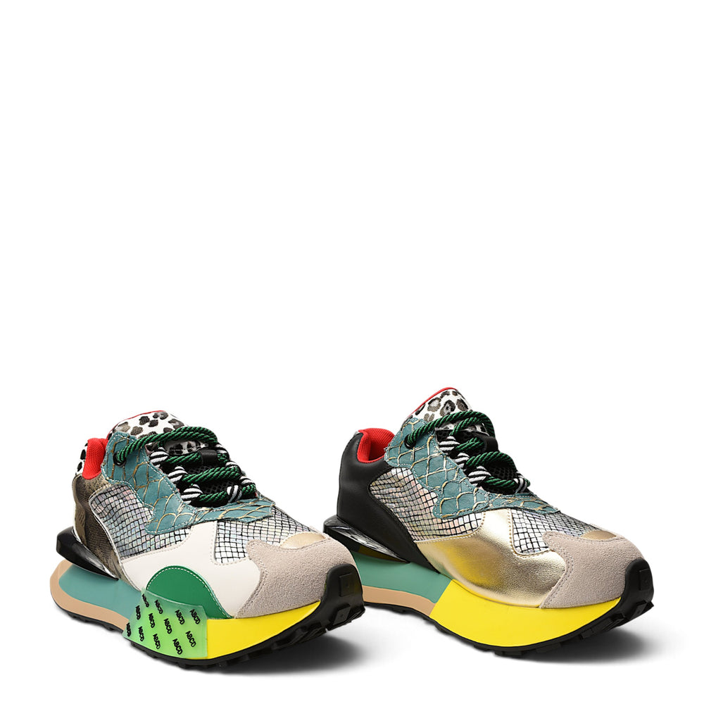 ada-shoes.ro vibrant multi-colored leather sneakers with textured panels, lace-up closure, and a chunky yellow sole.