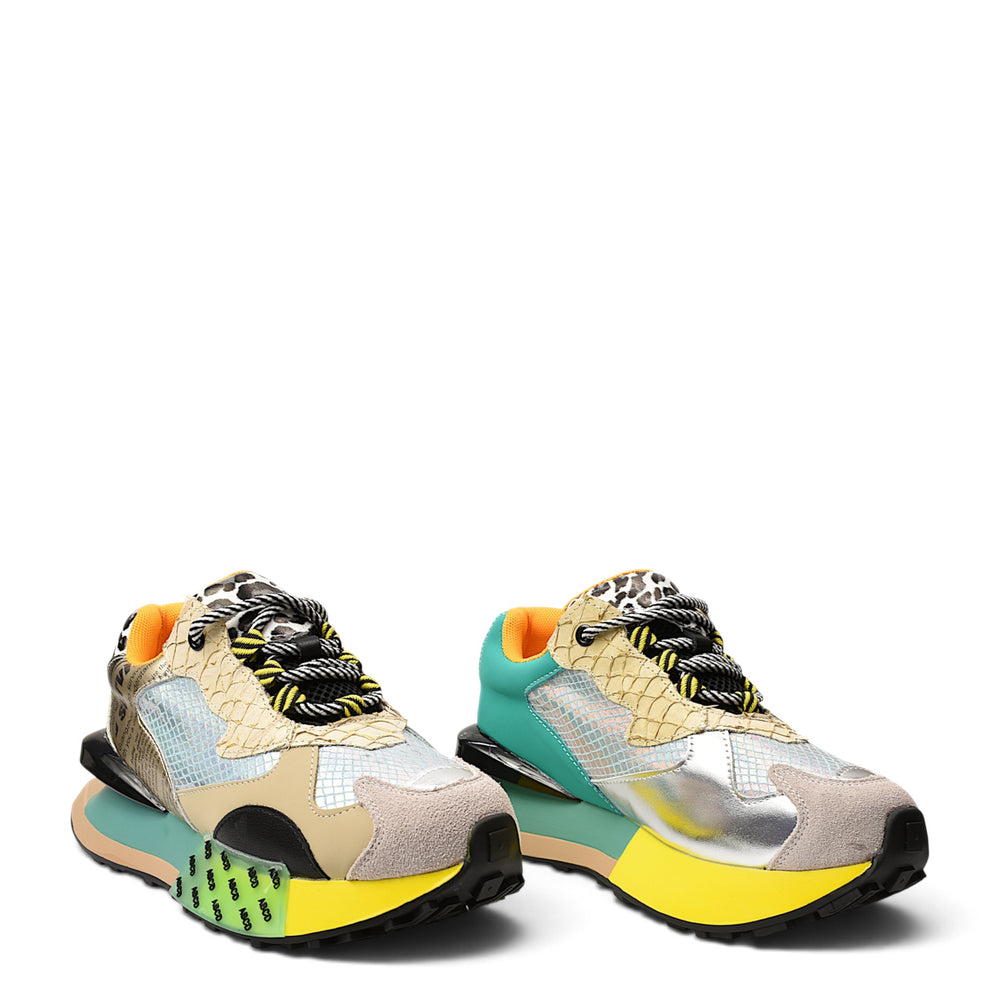 ada-shoes.ro vibrant multi-colored sneakers featuring metallic silver, yellow, and textured animal print panels