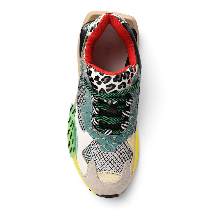 ada-shoes.ro multi-colored leather sneakers with leopard print, textured panels, and green laces, top view