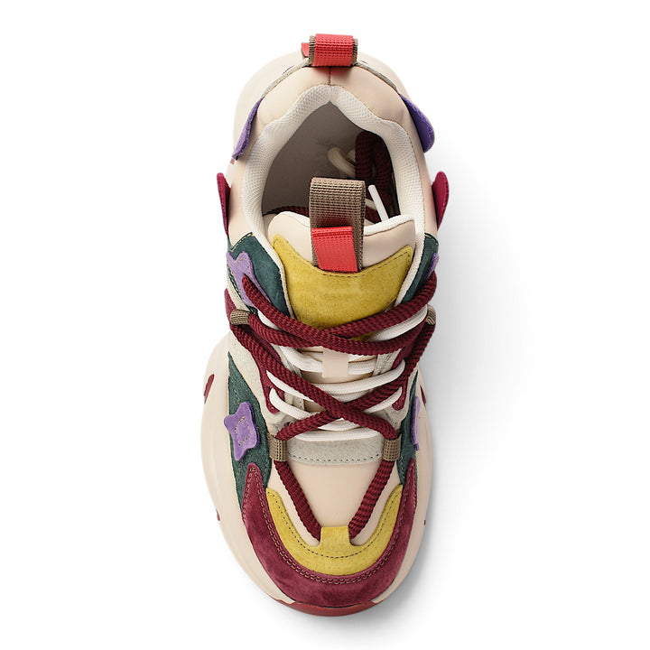 ada-shoes.ro multi-colored suede sneakers with chunky sole, lace-up closure, and vibrant red, yellow, and green panels.