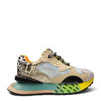ada-shoes.ro sneakers featuring a mix of beige, orange, and metallic textures with leopard print and bold lettering