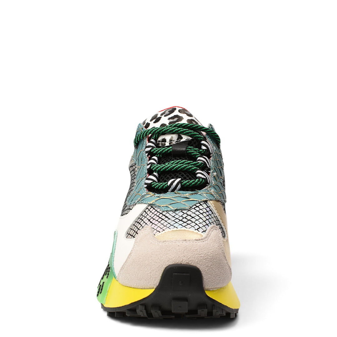 ada-shoes.ro sneakers featuring a vibrant mix of animal print, green, and yellow accents with a lace-up front.