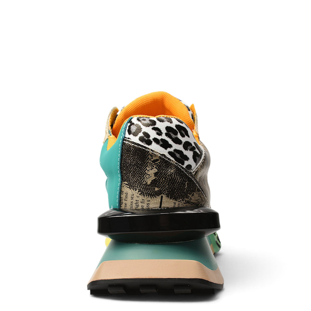 ada-shoes.ro orange leather sneakers with leopard print and newspaper pattern detail, back view of chunky sole