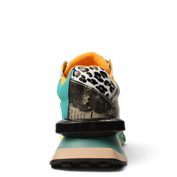 ada-shoes.ro orange leather sneakers with leopard print and newspaper pattern detail, back view of chunky sole