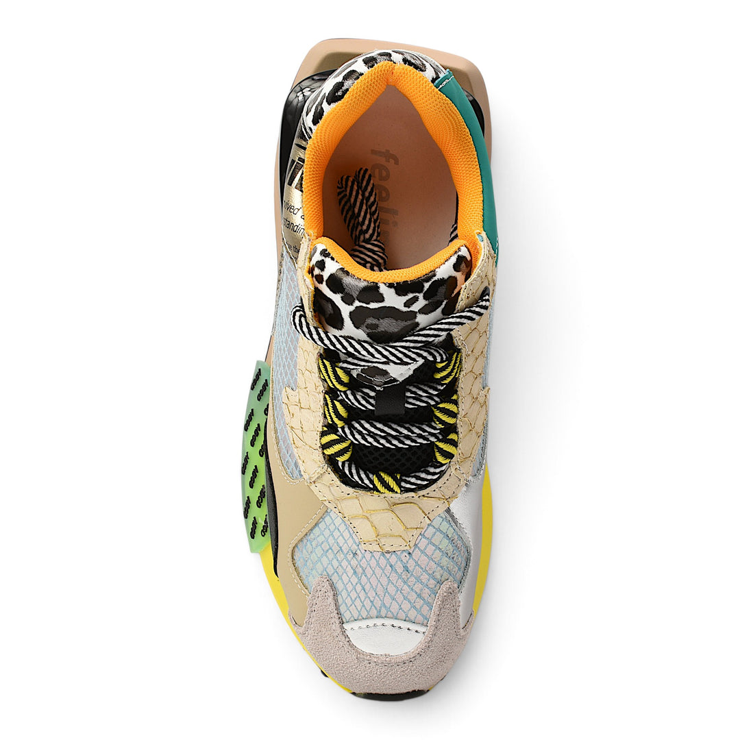 ada-shoes.ro orange leather sneakers with leopard print, mesh panels, and lace-up closure, top view