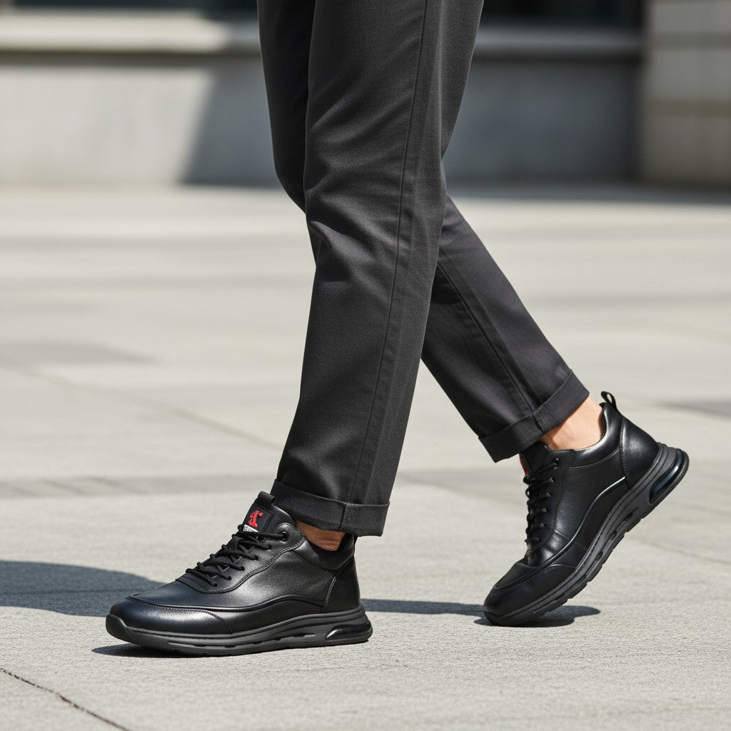 ada-shoes.ro Otter black leather casual boots with lace-up closure and flexible sole worn by a man outdoors