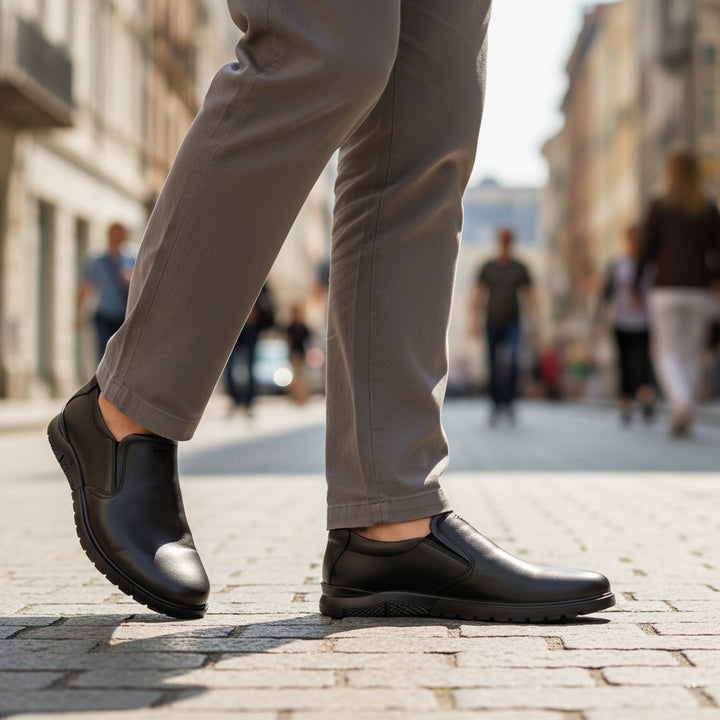 ada-shoes.ro Otter black leather casual slip-on shoes for men with elastic side inserts worn on a city street