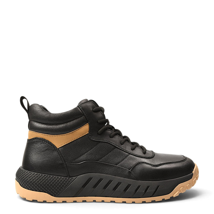 ada-shoes.ro Otter black leather high-top sneakers with lace-up closure, side zipper, and tan rubber sole