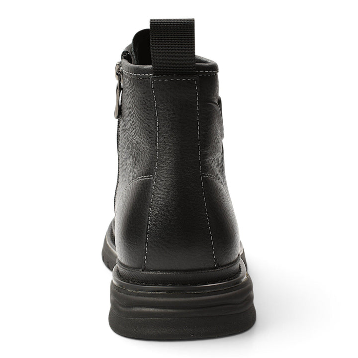 ada-shoes.ro Otter black leather sport boots featuring a flexible sole, side zipper, and rear pull tab, back view.