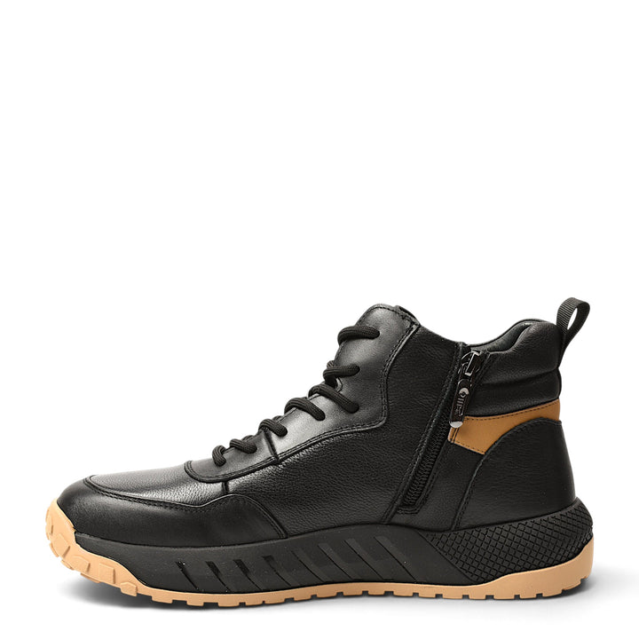 ada-shoes.ro Otter black leather sport boots with side zipper, laces, and flexible tan rubber sole for men