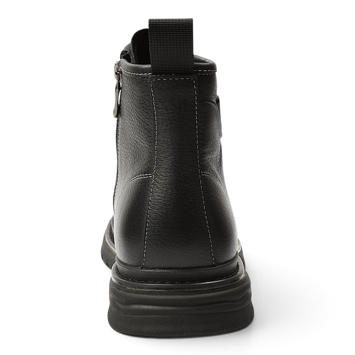ada-shoes.ro Otter black leather sport boots featuring a flexible sole, side zipper, and rear pull tab, back view.