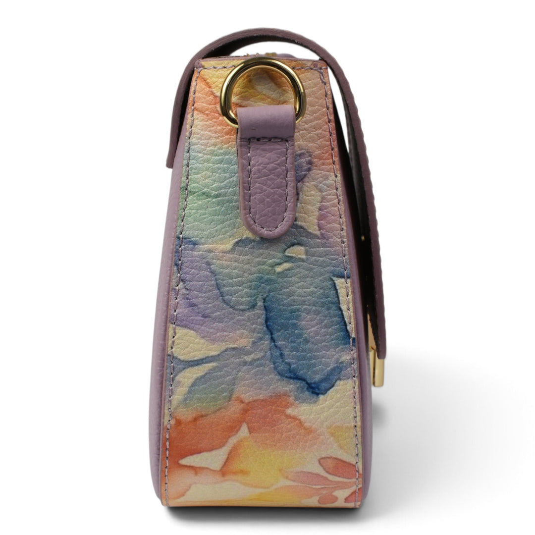 ada-shoes.ro purple leather handbag with a colourful floral pattern side view and gold hardware