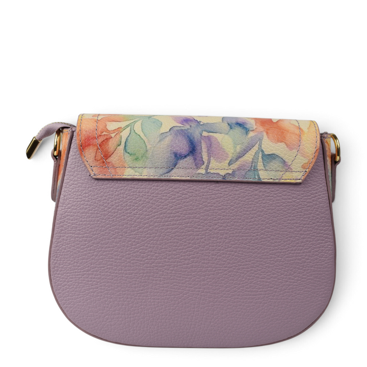 ada-shoes.ro purple leather casual handbag with a floral watercolour print flap and zip closure