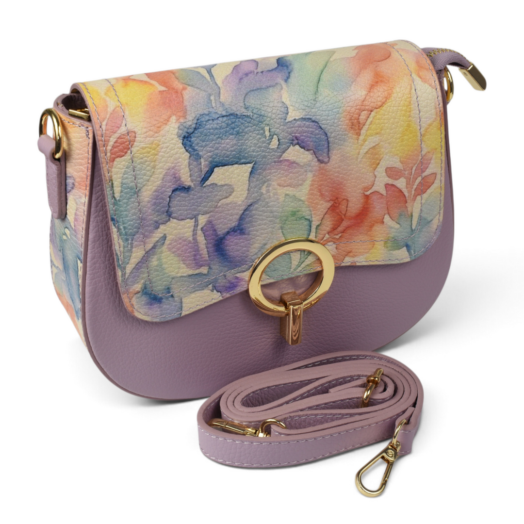 ada-shoes.ro purple leather handbag with a floral watercolour flap, gold hardware, and a detachable shoulder strap.