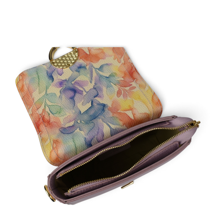 ada-shoes.ro purple leather handbag with a floral patterned flap and gold hardware, shown from an open top view.