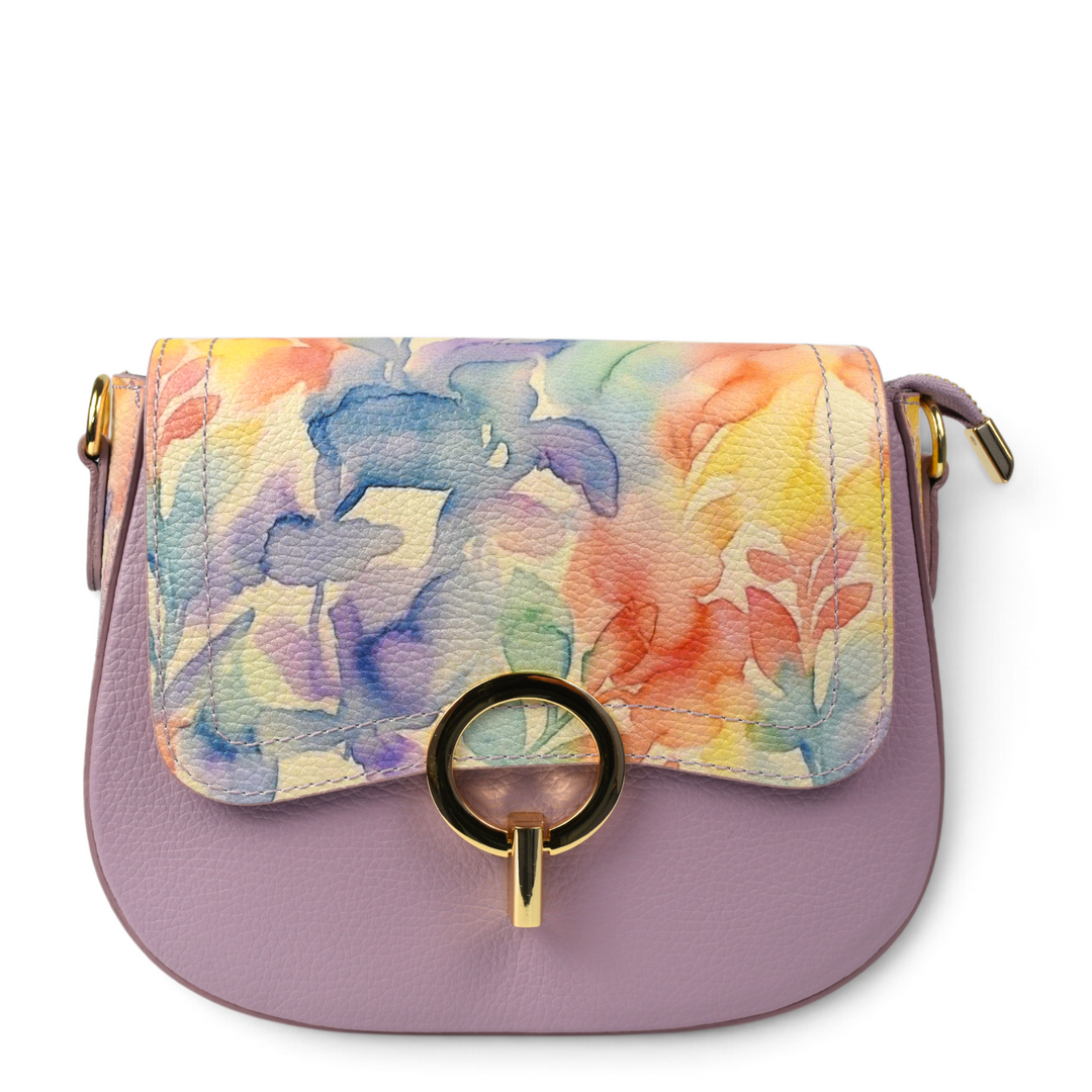 ada-shoes.ro purple leather handbag with a multicoloured floral flap and gold circular clasp detail.