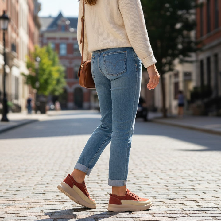 ada-shoes.ro red nubuck and leather sneakers with thick beige soles worn by a woman on a cobblestone city street