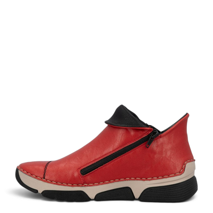 ada-shoes.ro red Rieker ankle boots in synthetic leather with side zipper, felt lining, and a comfortable 3cm sole.