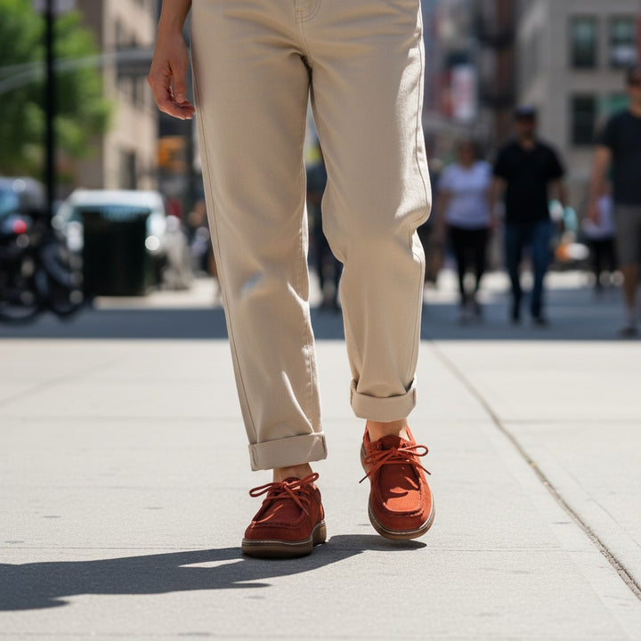 ada-shoes.ro casual red suede shoes with laces and flexible soles worn with beige trousers on a city street