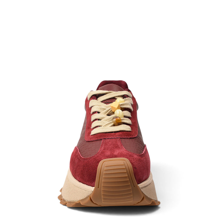 ada-shoes.ro red suede and leather sneakers with beige laces and a thick platform sole, front view