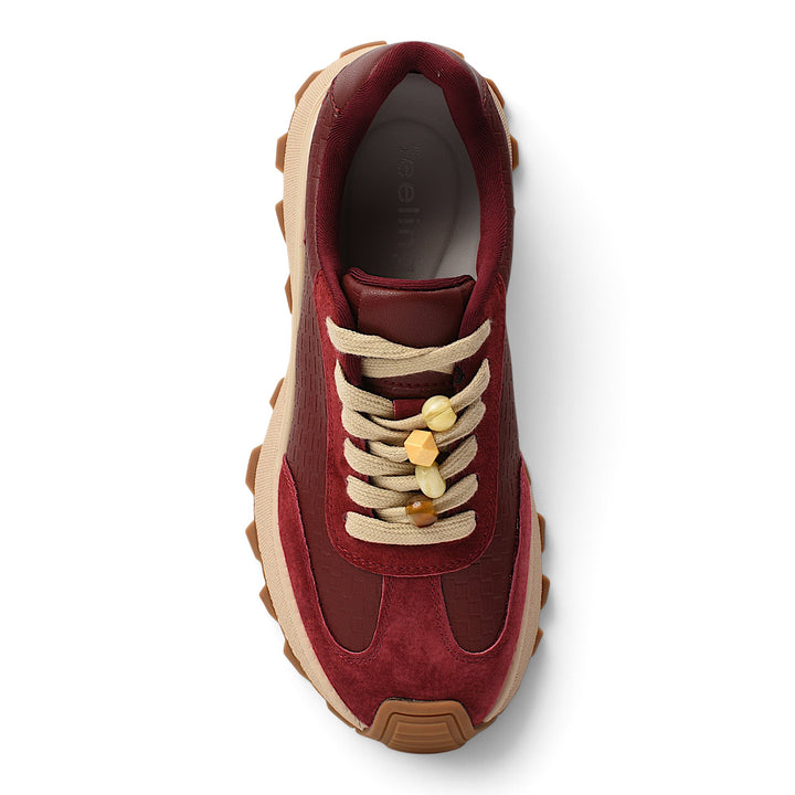 ada-shoes.ro red suede and leather sneakers with beige laces and a thick platform sole, top view