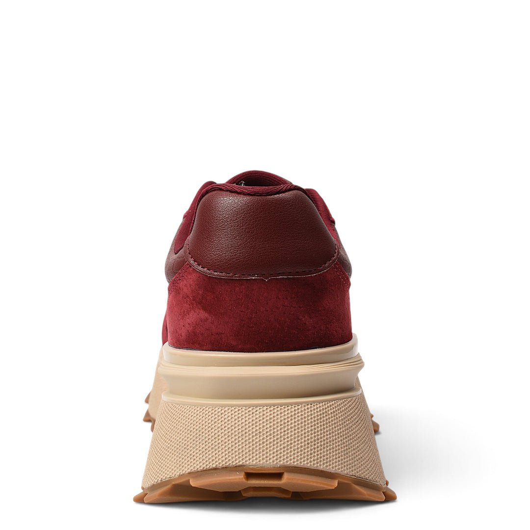 ada-shoes.ro red suede and leather sneakers with a thick beige platform sole, back view showing heel detail