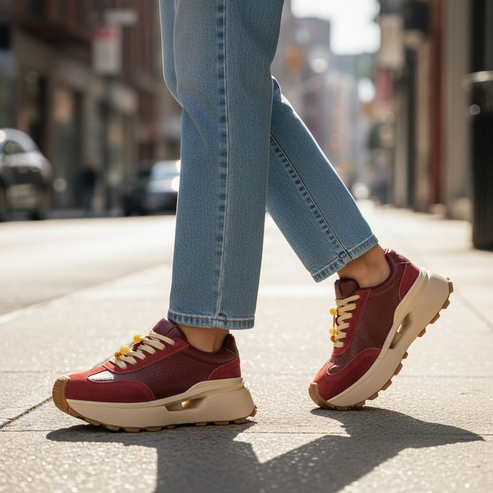 ada-shoes.ro Feeling red suede and leather sneakers with thick platform soles worn with light blue jeans on a street