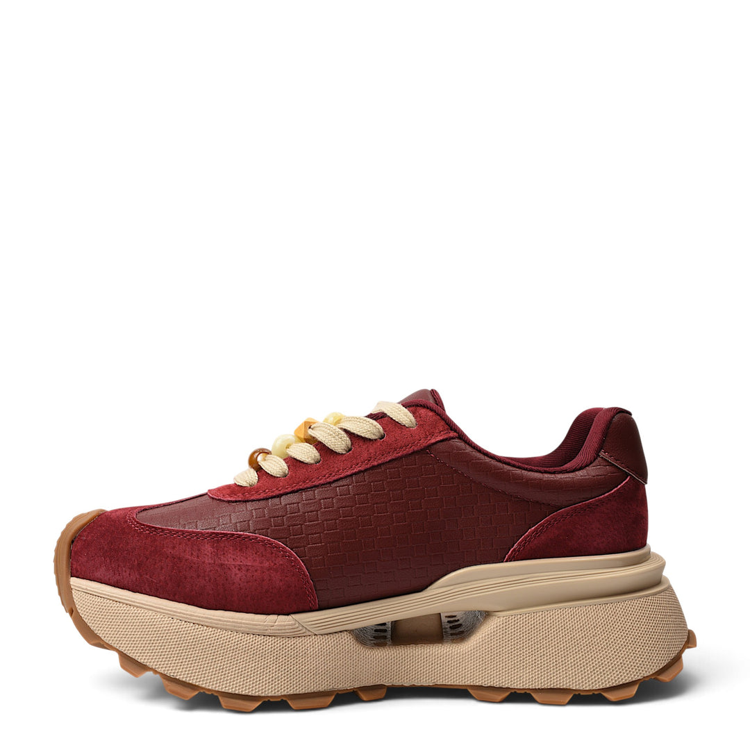 ada-shoes.ro red suede and leather sneakers with a thick beige platform sole and lace-up closure