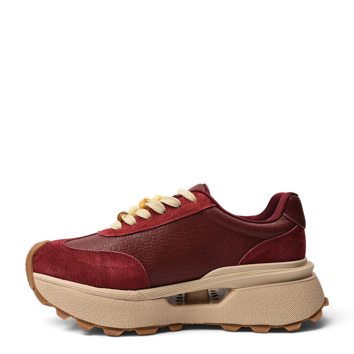 ada-shoes.ro red suede and leather sneakers with a thick beige platform sole and lace-up closure