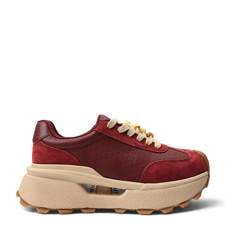 ada-shoes.ro red suede and leather sneakers with a thick beige platform sole and lace-up closure