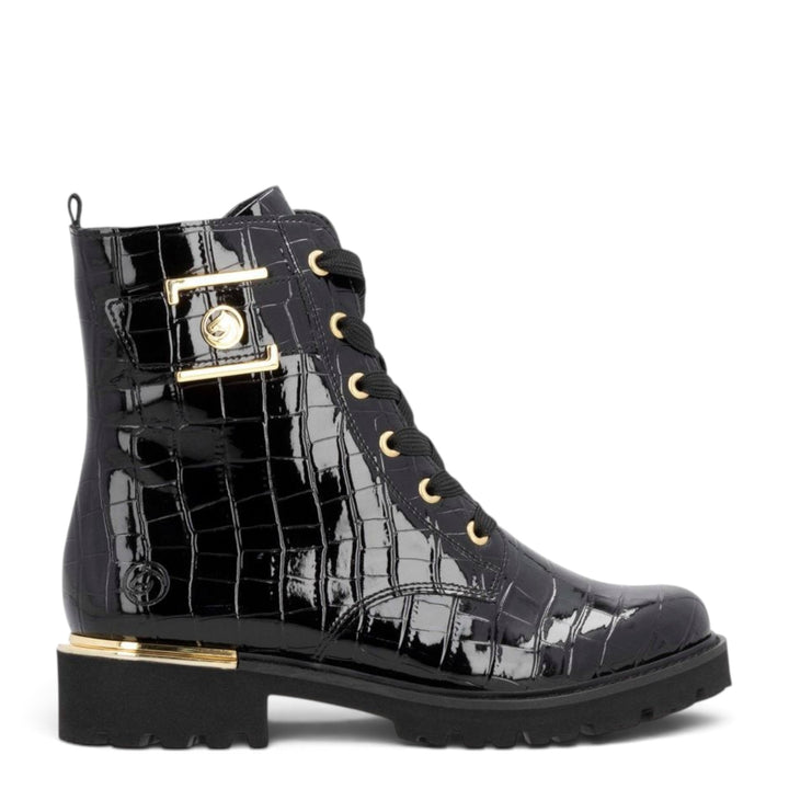 ada-shoes.ro Remonte black patent leather ankle boots with crocodile texture, gold buckle, and chunky lug sole.