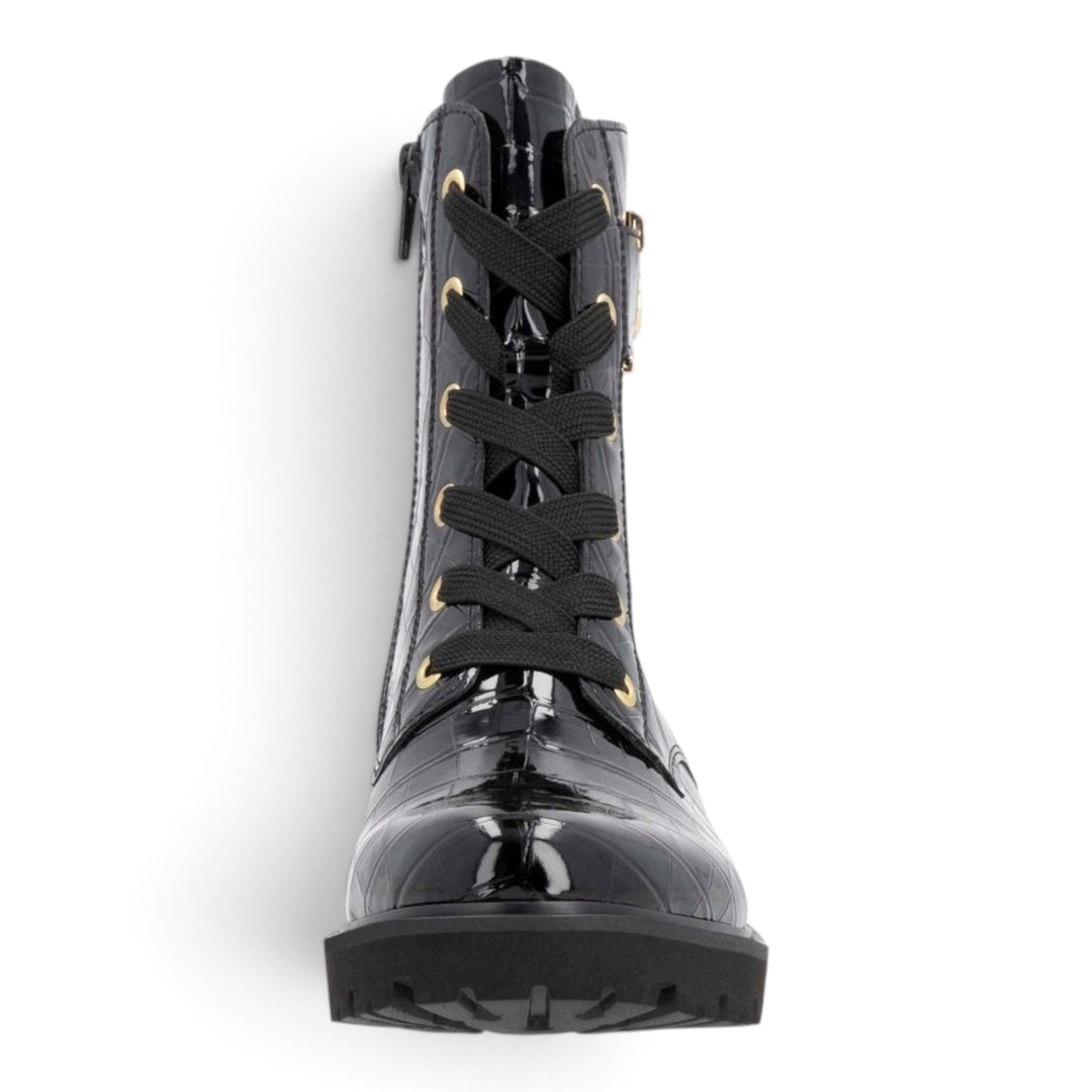 ada-shoes.ro Remonte black patent crocodile-textured biker boots with gold eyelets and thick lug sole