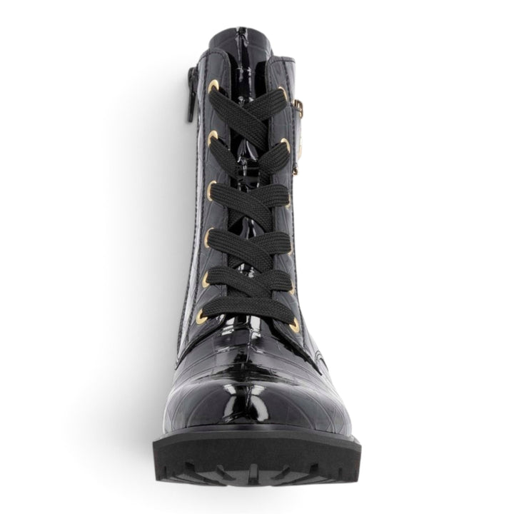 ada-shoes.ro Remonte black patent crocodile-textured biker boots with gold eyelets and thick lug sole