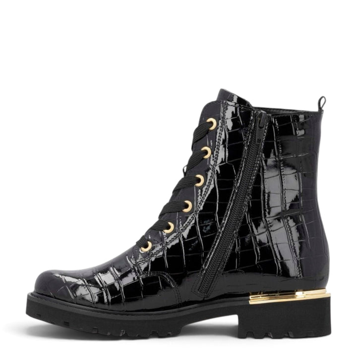 ada-shoes.ro Remonte black crocodile-textured patent leather biker boots with gold hardware and side zipper