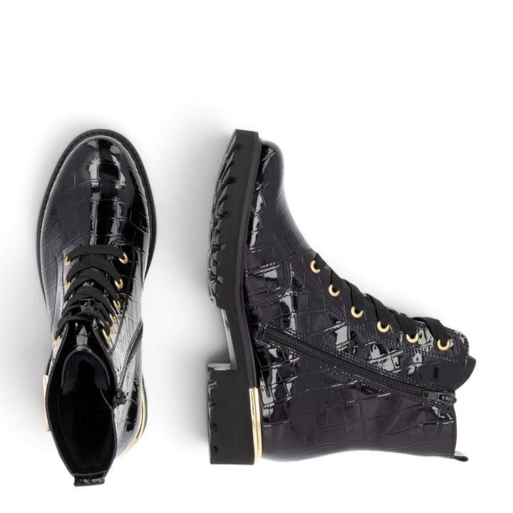 ada-shoes.ro Remonte black crocodile-textured patent leather biker boots with gold hardware and lug sole