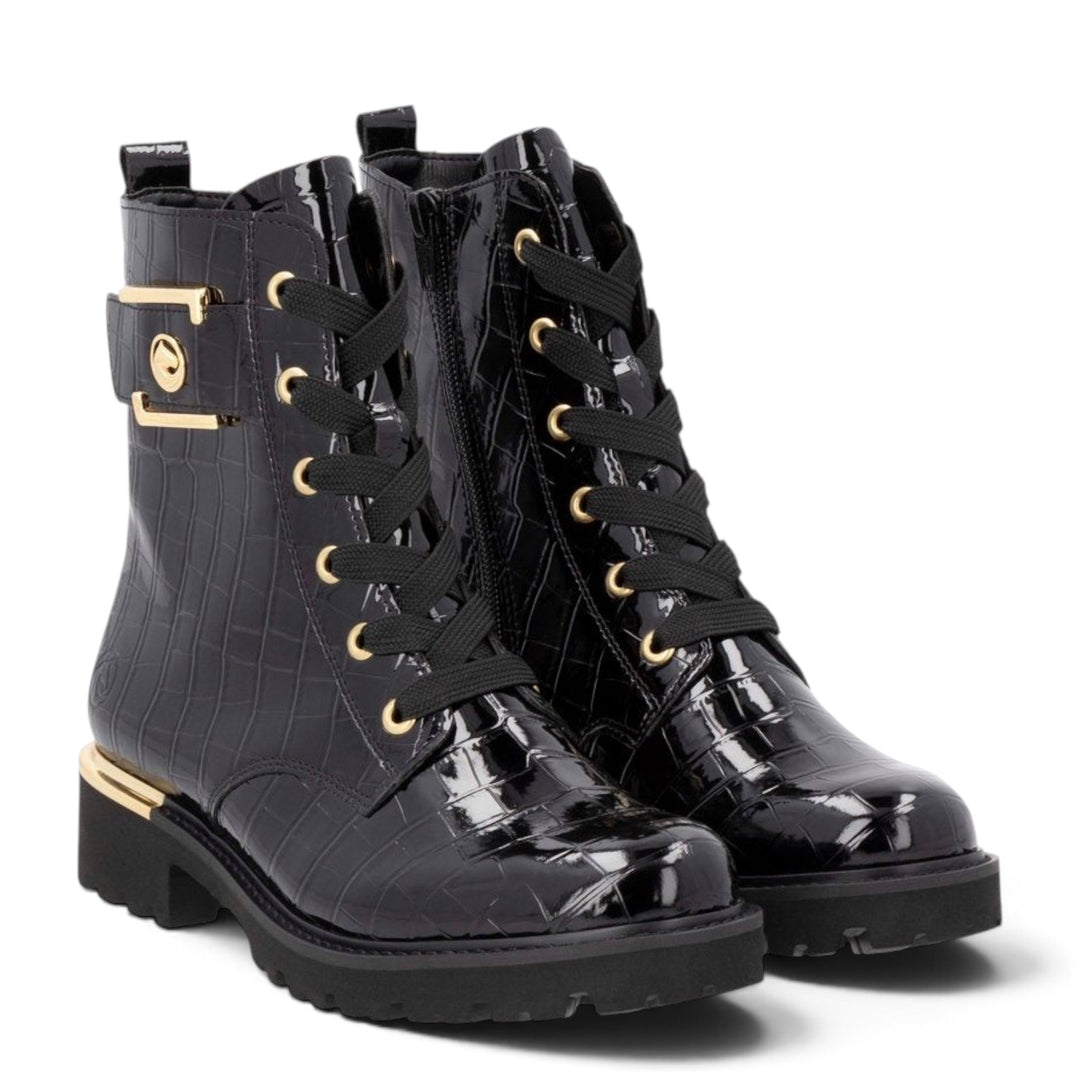 ada-shoes.ro Remonte black crocodile-textured patent leather biker boots with gold buckle and lace-up detail.