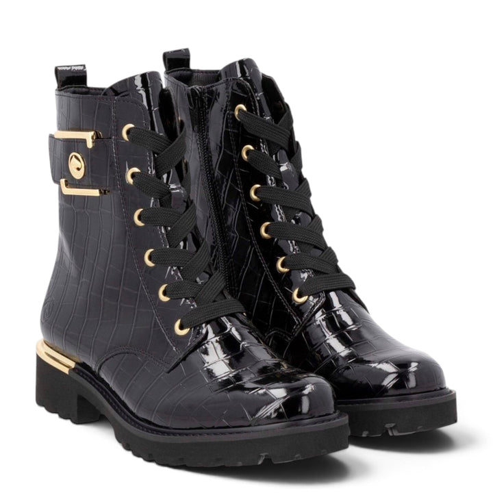ada-shoes.ro Remonte black crocodile-textured patent leather biker boots with gold buckle and lace-up detail.