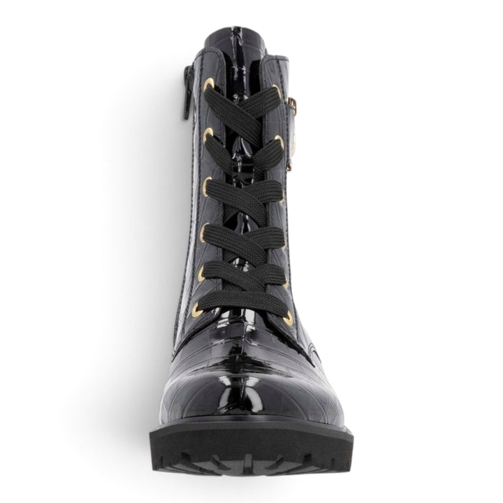 ada-shoes.ro Remonte black patent crocodile-textured biker boots with gold eyelets and thick lug sole