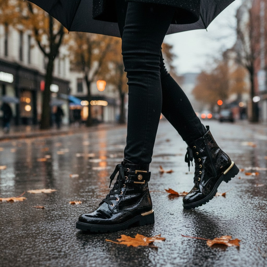 ada-shoes.ro Remonte black crocodile-textured biker boots with gold buckle and lace-up detail worn on a rainy street
